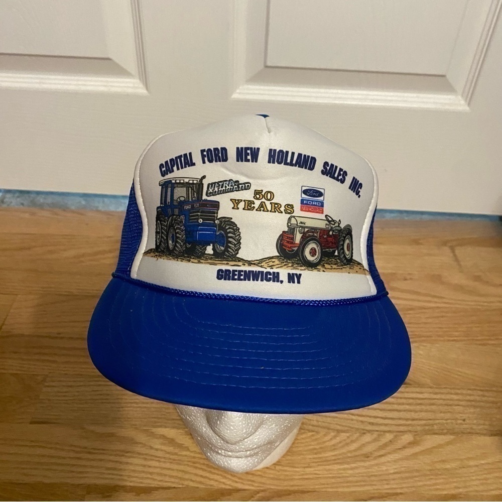 Vintage Ford New Holland Tractor Puffy Trucker Hat SnapBack Mesh Blue White - Picture 2 of 12